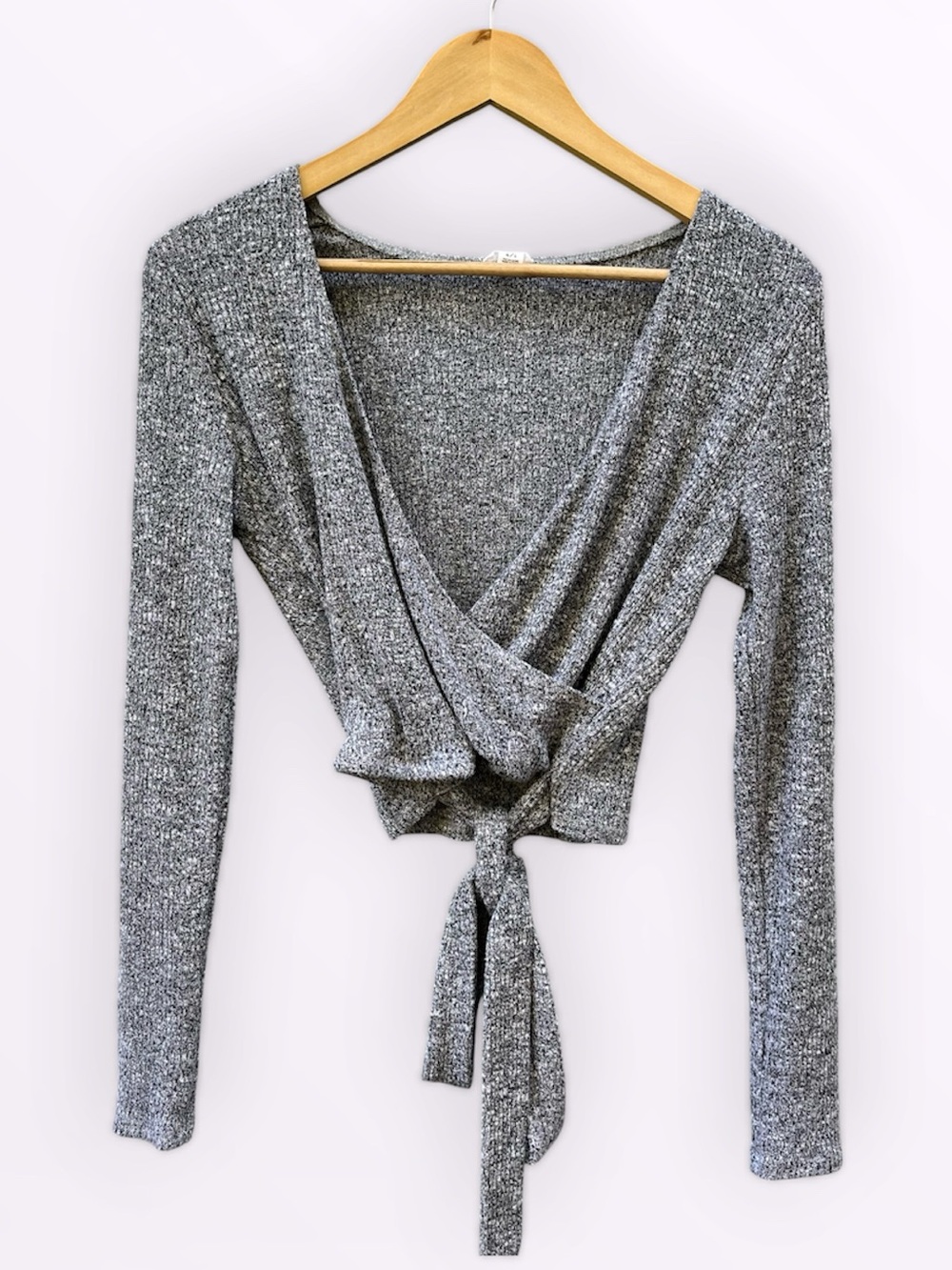 (2/$20) Garage Grey Heathered Ribbed Tie-Front Wrap Crop Top